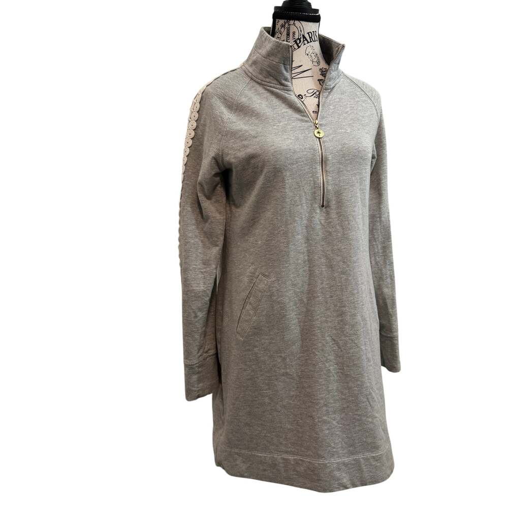 Lilly Pulitzer Gray Half Zip Sweatshirt Dress Crochet Lace Sleeve Palm Pull Smal